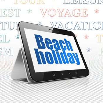 Tourism concept: Tablet Computer with  blue text Beach Holiday on display,  Tag Cloud background, 3D rendering