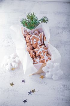 Christmas gingerbread with holiday decoration on white background