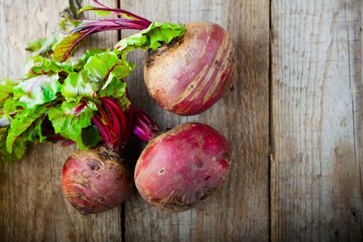 Fresh organic beets on a wood table. 