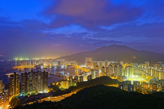 Hong Kong Tuen Mun skyline and South China sea at night