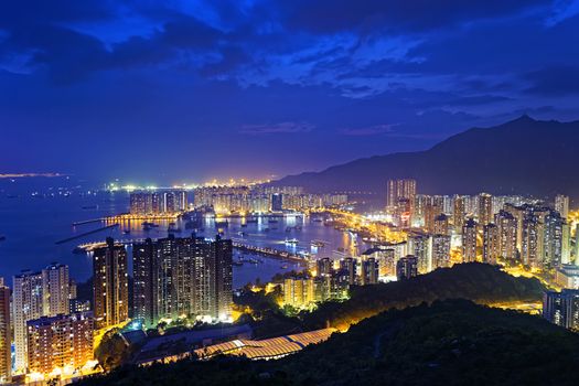 Hong Kong Tuen Mun skyline and South China sea at night