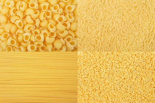 Rectangular collage of various raw yellow pasta backgrounds. Vermicelli, Spaghetti, Anellini, Rigate