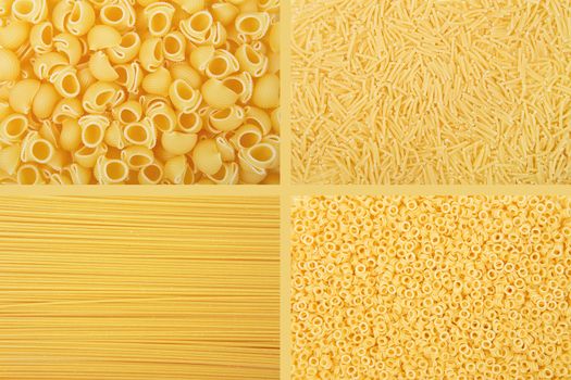 Rectangular collage of various raw yellow pasta backgrounds. Vermicelli, Spaghetti, Anellini, Rigate