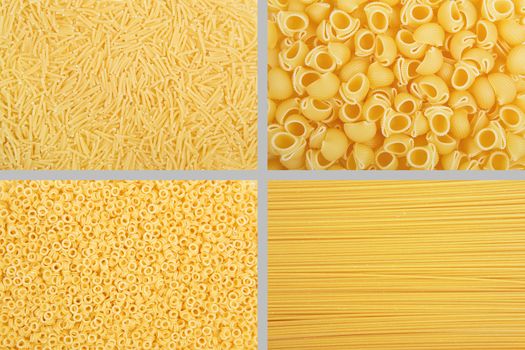 Rectangular collage of various raw yellow pasta backgrounds. Vermicelli, Spaghetti, Anellini, Rigate