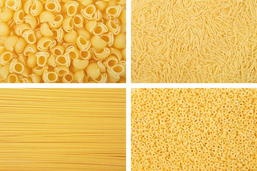 Rectangular collage of various raw yellow pasta backgrounds. Vermicelli, Spaghetti, Anellini, Rigate