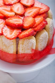 Yogurt strawberry cake with savoiardi biscuits on white plate