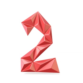Red modern triangular font digit TWO 2 3D render illustration isolated on white background