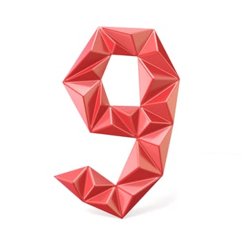 Red modern triangular font digit NINE 9 3D render illustration isolated on white background
