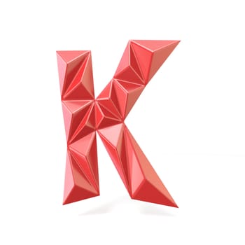 Red modern triangular font letter K. 3D render illustration isolated on white background