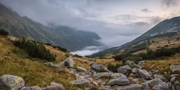 Mountains Landscape with Fog in Ziarska Valley and Rocks in Foreground