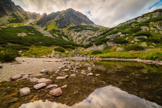 Mountain Landscape with Reflection on the Surface of a Tarn. Mlynicka Valley, High Tatra, Slovakia.