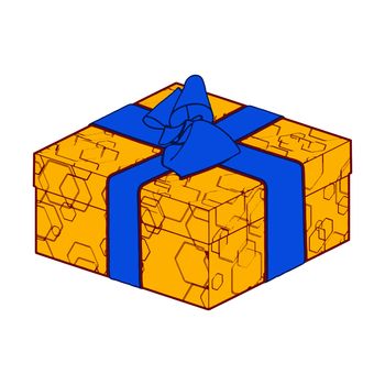 orange gift box present with blue bow and ribbon.  illustration.