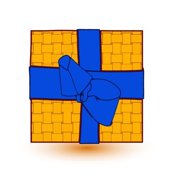 orange gift box present with blue bow and ribbon.  illustration.