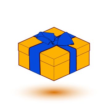 orange gift box present with blue bow and ribbon.  illustration.