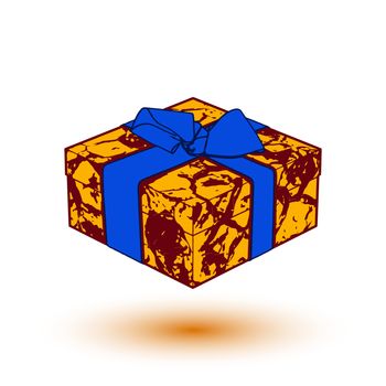 orange gift box present with blue bow and ribbon.  illustration.