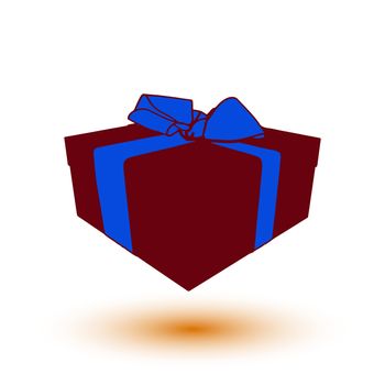 deep red gift box present with blue bow and ribbon.  illustration.