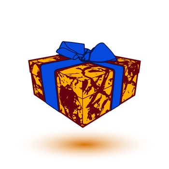 orange gift box present with blue bow and ribbon.  illustration.