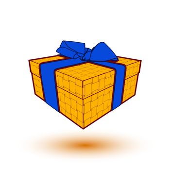 orange gift box present with blue bow and ribbon.  illustration.