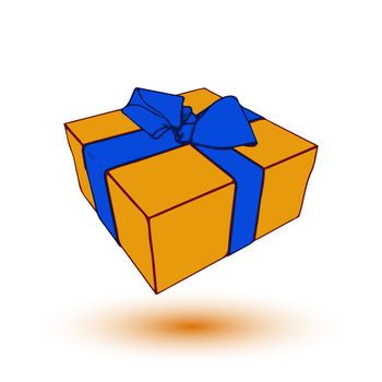 orange gift box present with blue bow and ribbon.  illustration.