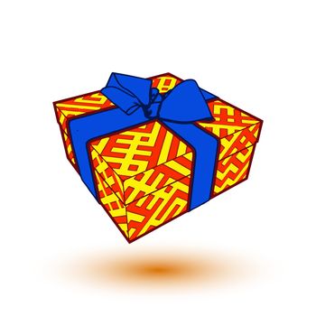 orange gift box present with blue bow and ribbon.  illustration.