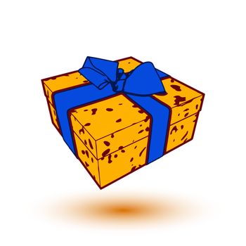 orange gift box present with blue bow and ribbon.  illustration.