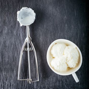 Vanilla ice cream and  scoop on a stone plate