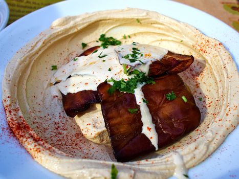Dish of fresh Hummus with olive oil and parsley Middle East Arabic food    