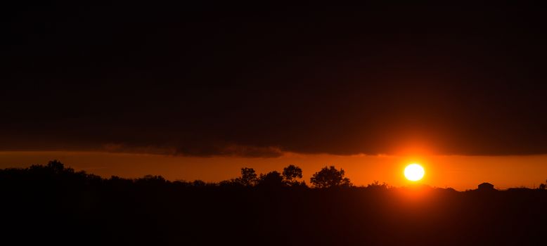 Panorama of Amazing Beautiful Sunset Sunrise Over Dark Landscape Silhouette, France