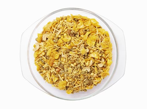 Dry roasted Indian snack mix, close-up background