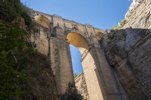 New Bridge over Guadalevin River in Ronda, Malaga, Spain. Popular landmark in the evening