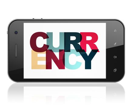 Currency concept: Smartphone with Painted multicolor text Currency on display, 3D rendering