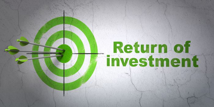 Success business concept: arrows hitting the center of target, Green Return of Investment on wall background, 3D rendering