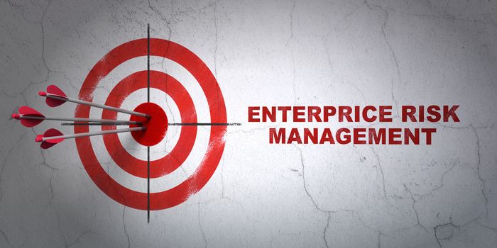 Success business concept: arrows hitting the center of target, Red Enterprice Risk Management on wall background, 3D rendering