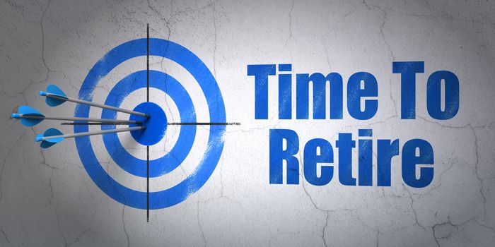 Success time concept: arrows hitting the center of target, Blue Time To Retire on wall background, 3D rendering