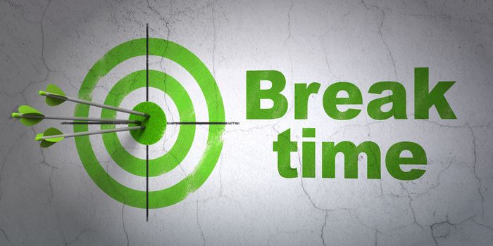 Success time concept: arrows hitting the center of target, Green Break Time on wall background, 3D rendering