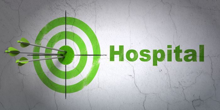 Success Medicine concept: arrows hitting the center of target, Green Hospital on wall background, 3D rendering