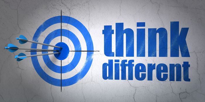 Success Learning concept: arrows hitting the center of target, Blue Think Different on wall background, 3D rendering