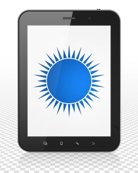 Tourism concept: Tablet Pc Computer with blue Sun icon on display, 3D rendering