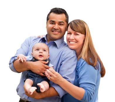 Happy Mixed Race Family Posing for A Portrait Isolated on a White Background.
