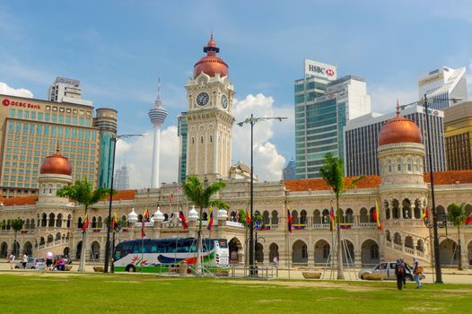 Clock tower of Sultan Abdul Samad building near Mederka Square in Kuala Lumpur, Malaysia