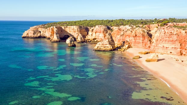 Aerial from famous beach Praia da Marinha in the Algarve Portugal 