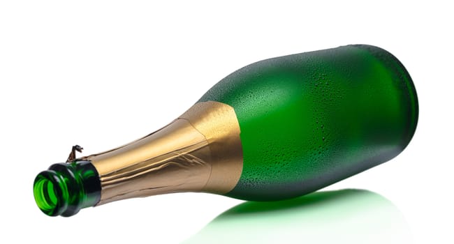 open bottle of champagne on a white background