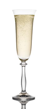 glass of champagne closeup on white background