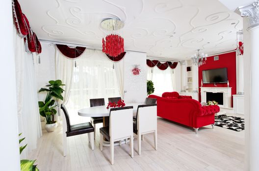 Classical living room interior in white and red colors