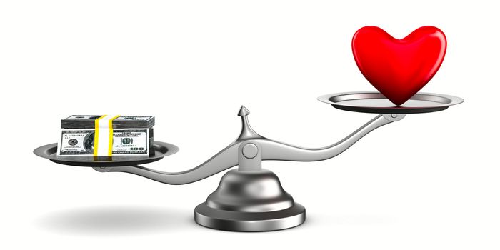 Heart and money on scales. Isolated 3D image