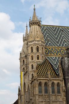 St. Stephen's Cathedral with ornately patterned, multi colored roof in Vienna, Austria