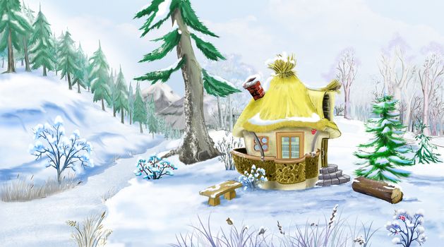 Snow Covered Green Pine Trees near a Fairy Tale House in a Winter day. Handmade illustration in a classic cartoon style.