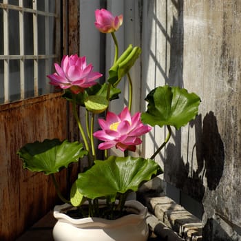 Artificial flower, handmade lotus flower with green leaf and pink petal make from clay, diy art product for home decoration