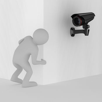 person looks out of corner. 3D image