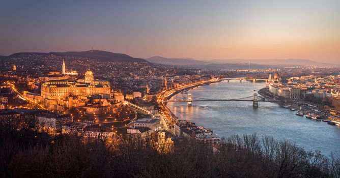 Panoramic View of Budapest and the Danube River as Seen from Gellert Hill Lookout Point. Smooth Transition Between Night and Day